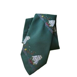 PARK AVENUE Mens Nautical Sailboat Necktie Dark Green & White